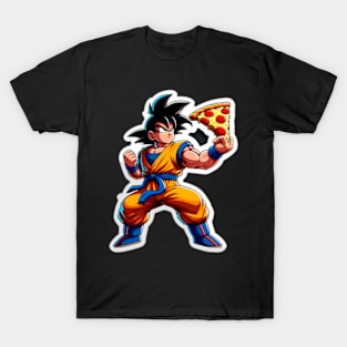 Goku striking a heroic pose with a pizza T-Shirt